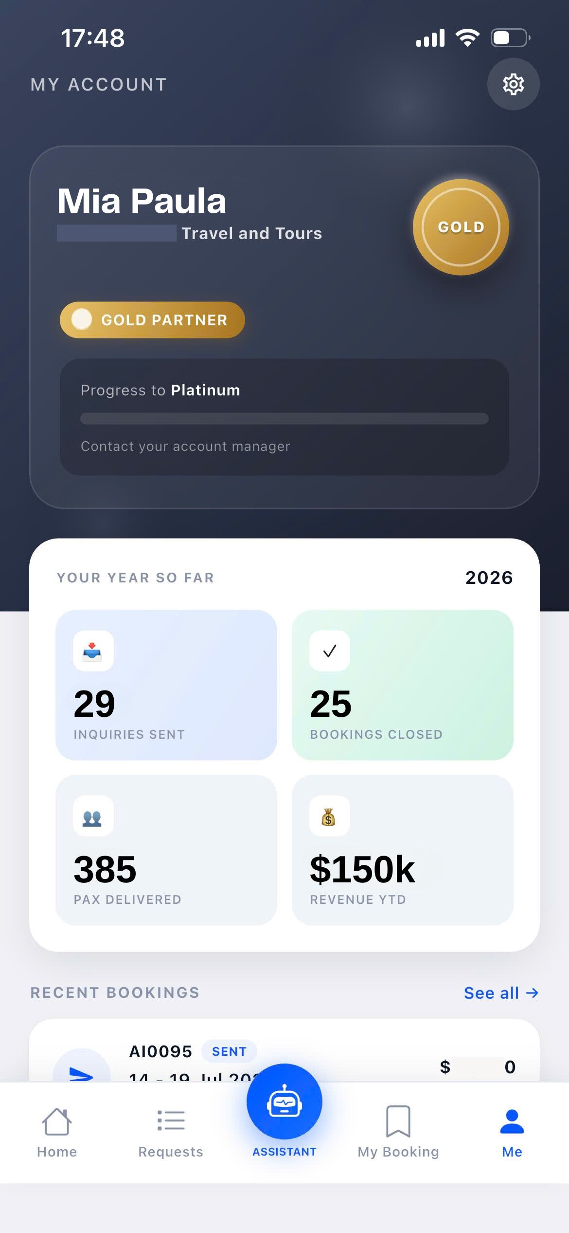 Dong DMC Partner App tab Me dashboard dengan progress tier Silver dan statistik year-to-date