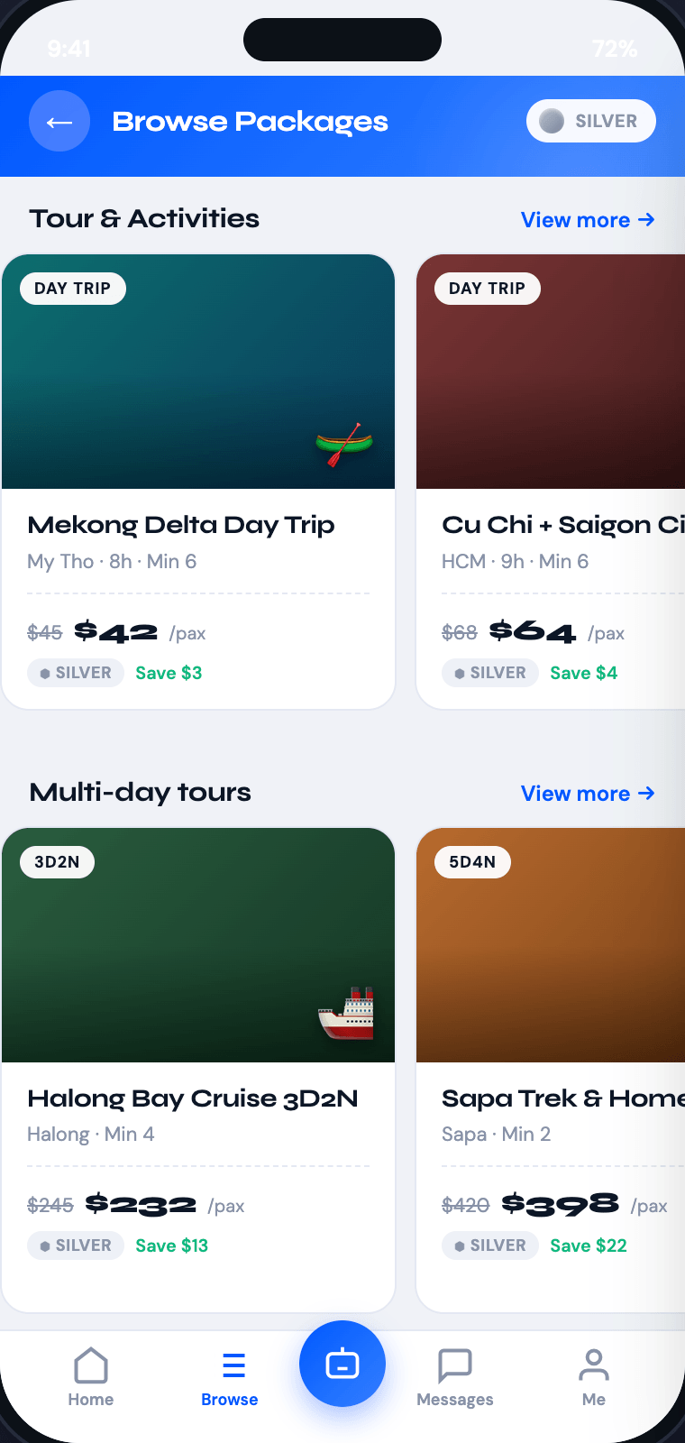 Dong DMC Partner App layar katalog dengan paket siap pesan tier-priced untuk day trip dan transfer Vietnam