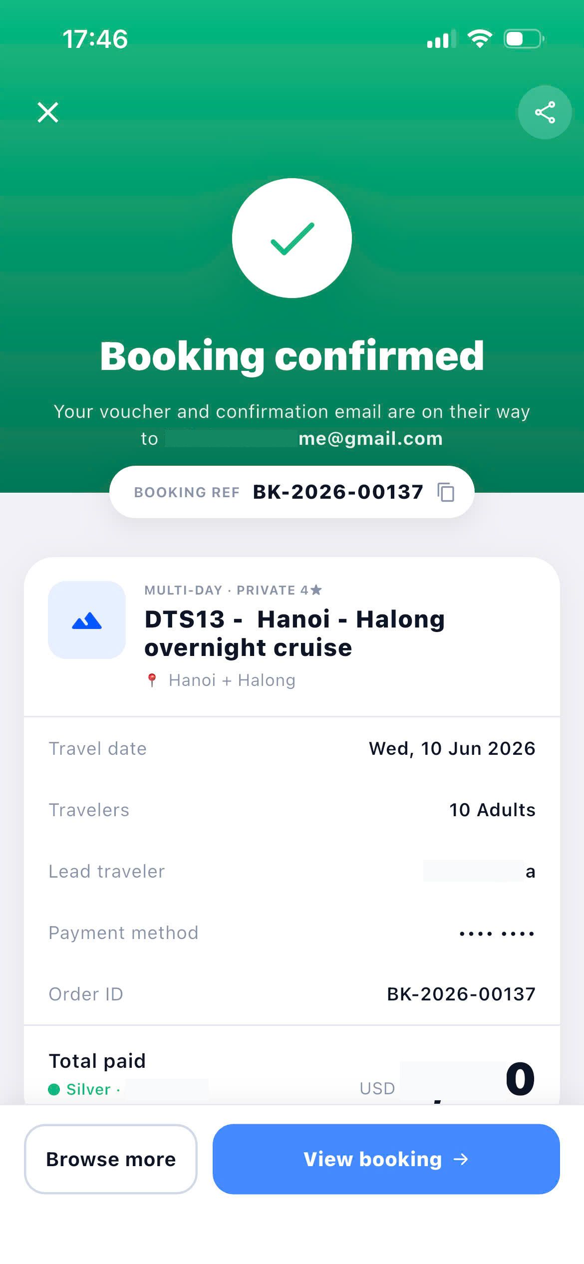 Dong DMC Partner App layar konfirmasi booking sukses dengan voucher partner-branded