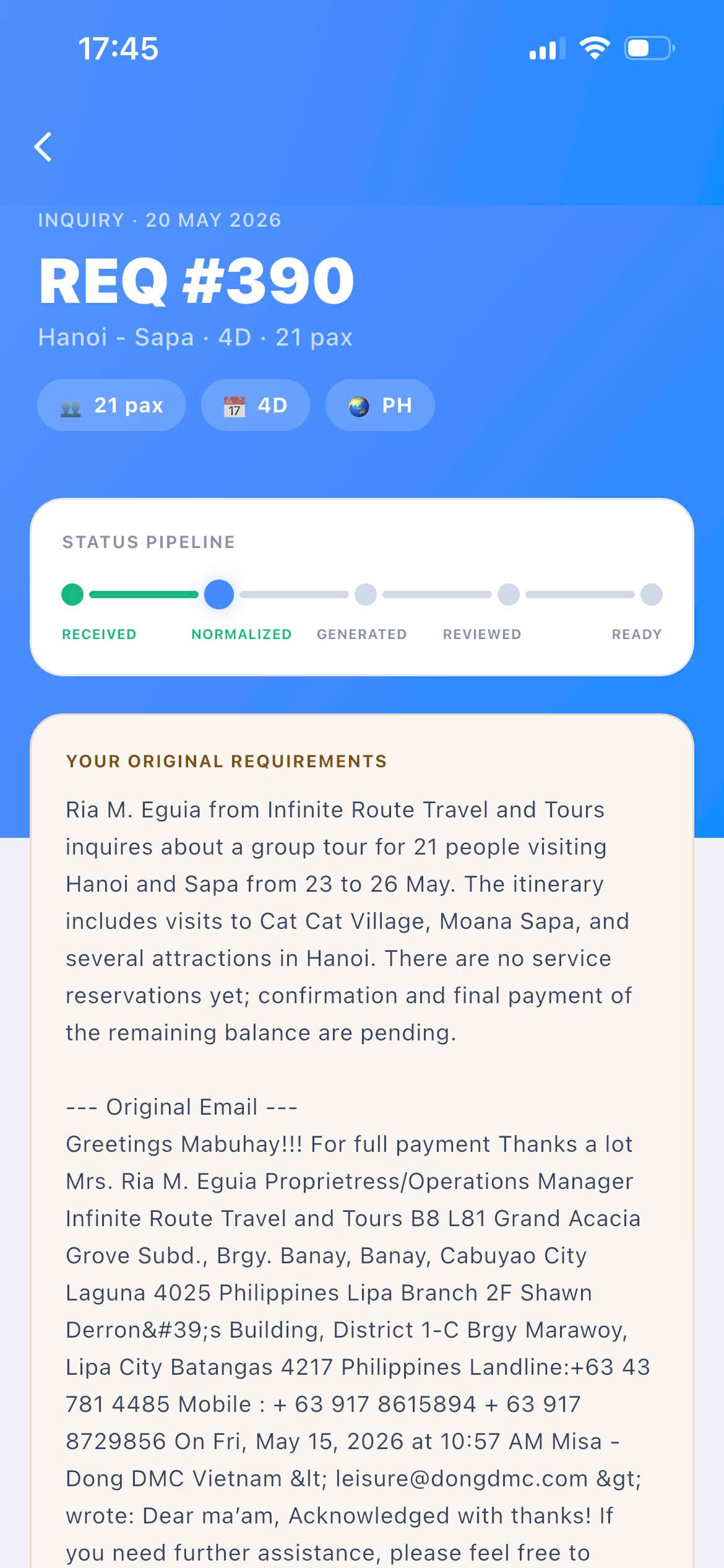 Dong DMC Partner App layar detail inquiry menampilkan tiga opsi proposal terharga untuk program incentive Indonesia