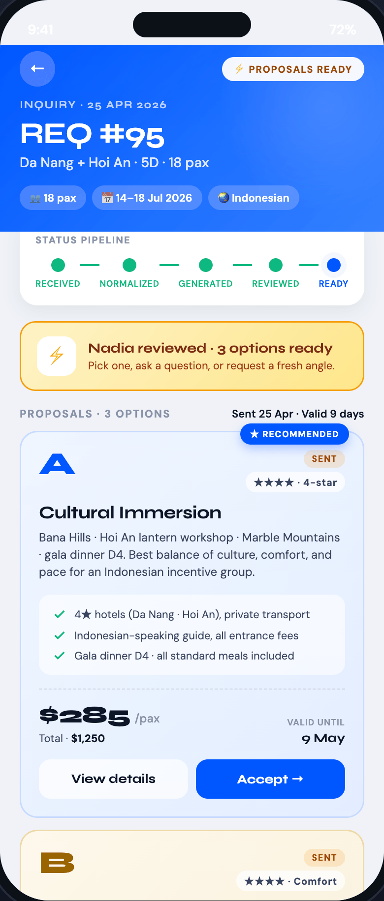 Dong DMC Partner App layar detail inquiry menampilkan tiga opsi proposal terharga untuk program incentive Indonesia